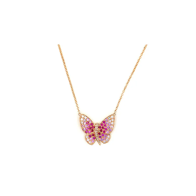 Rose gold and crystal necklaces  14k Rose Gold and Multi Color Pink Sapphire Butterfly Necklace