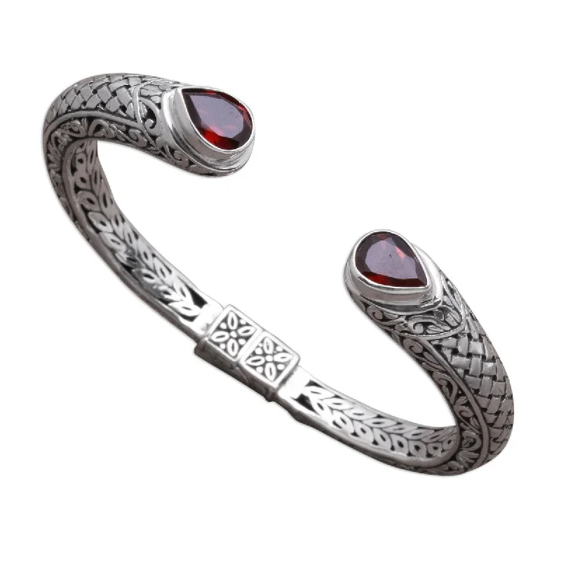 Three-layered bracelets for women  NOVICA Woven Drops, Garnet cuff bracelet