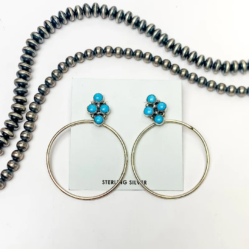 Black earringsAnthony Skeets | Navajo Handmade Sterling Silver Hoop Earrings with Four Stone Sleeping Beauty Turquoise Cluster Studs