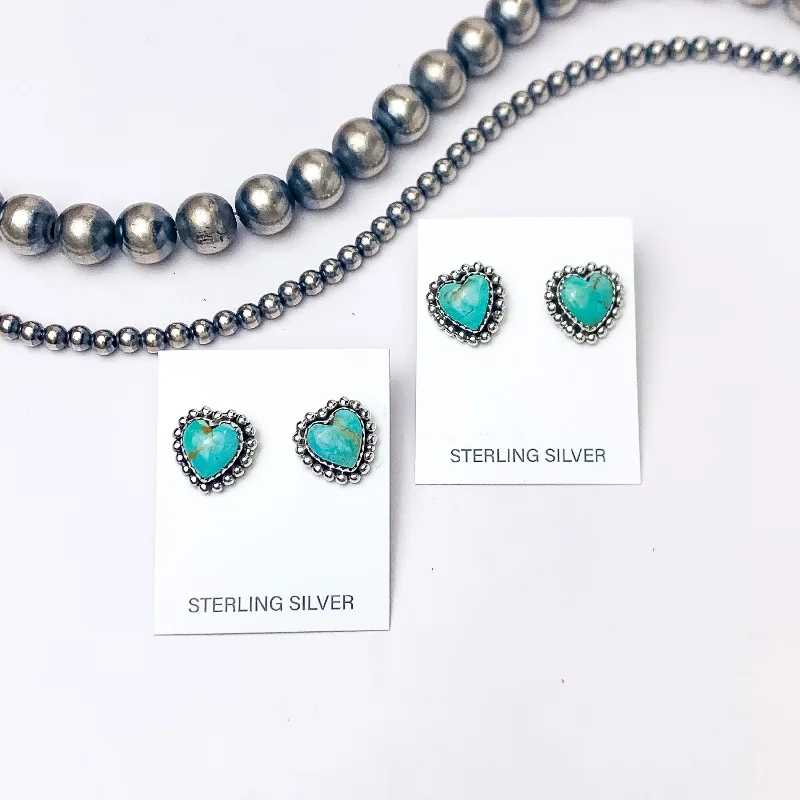 Extra large hoop earringsHada Collection | Handmade Sterling Silver Heart Shaped Stud Earrings with Kingman Turquoise Remix Stones