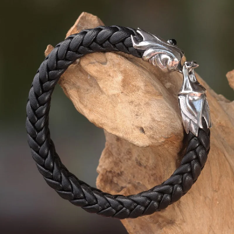 Modern minimalist bracelets  Sterling Silver Leather 'Fireballs' Onyx Bracelet (Indonesia)