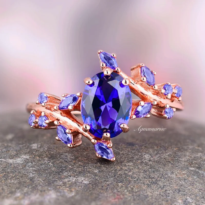 Cornflower Sapphire Leaf Ring- 14K Solid Rose Gold