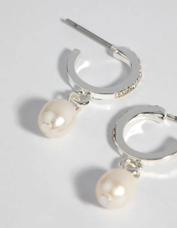 Vintage-inspired earringsSilver Plated Diamante & Freshwater Pearl Huggie Hoop Earrings