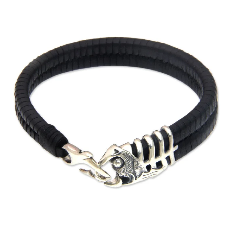 Tassel charm bracelets  Handmade Men's Leather Sterling Silver 'Gone Fishing' Bracelet (Indonesia)