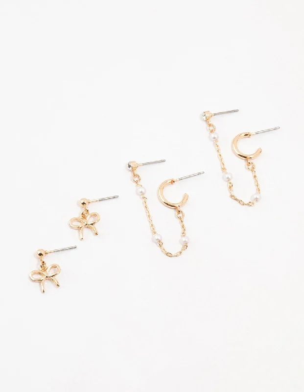 Zodiac sign earringsGold Pearl Chain & Bow Earrings 3-Pack