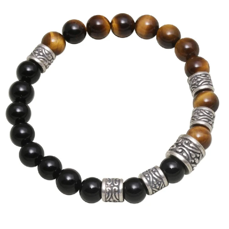 Wedding bracelets for brides  Handmade Sterling Silver Batuan Renaissance Tiger's Eye Onyx Bracelet (Indonesia)