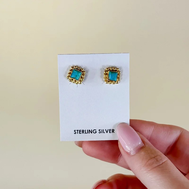 Black and gold earringsHada Collection | Handmade Sterling Silver 14K Gold Square Kingman Turquoise Stud Earrings