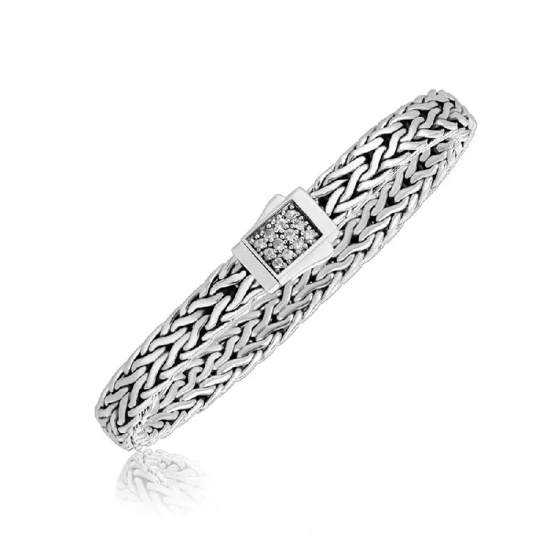 Korean fashion bracelets  Sterling Silver Braided Men's Bracelet with a White Sapphire Accented Clasp