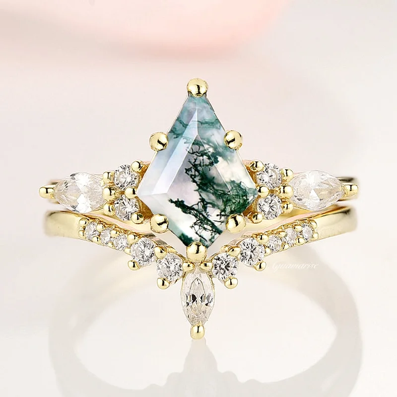 Skye Kite™  Green Moss Agate Ring Set- 14K Solid Yellow Gold