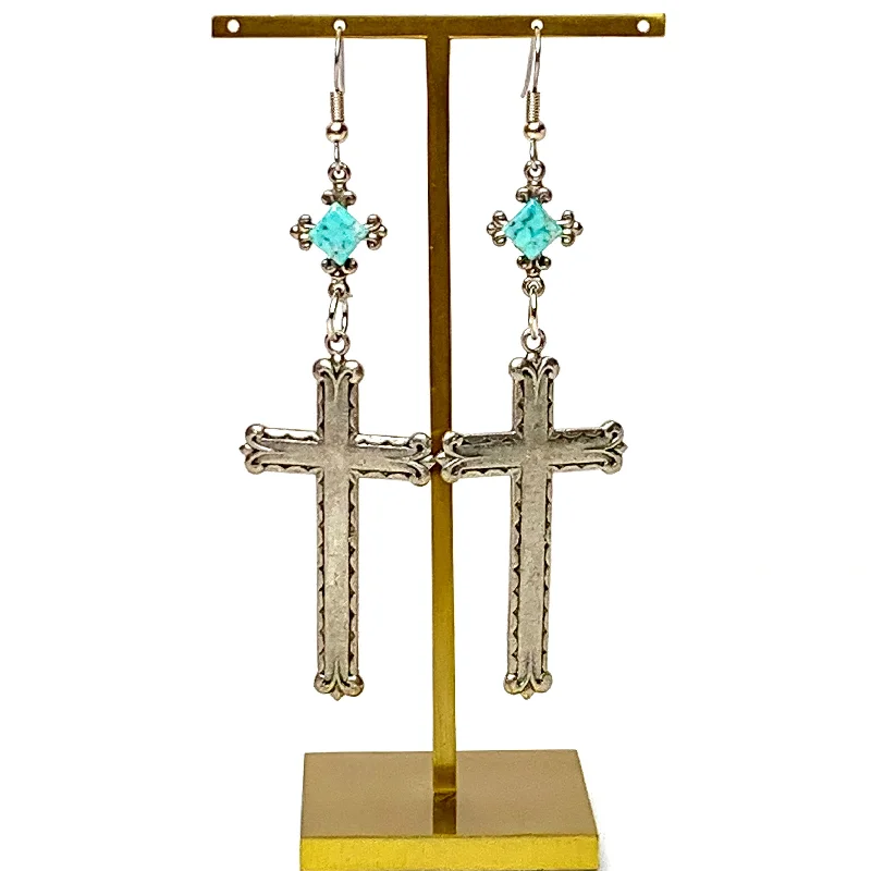 Mixed metal earringsHeavenly Harmony Silver Tone Cross Drop Earrings with Faux Turquoise Accents