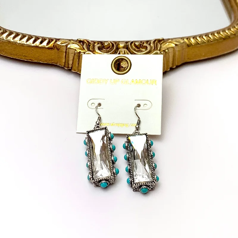 Geometric earringsClear Crystal Bar Drop Earrings with Faux Turquoise Border Accents