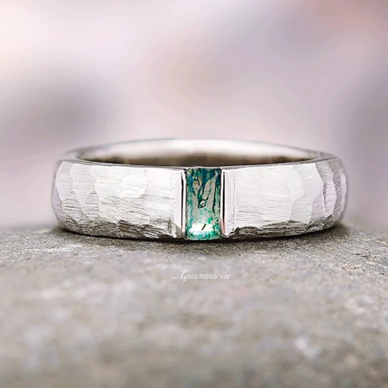 Hammered Moss Agate Wedding Band- 14K White Gold