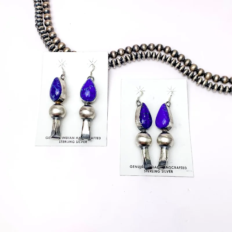 Ear climber earringsMason Lee | Navajo Handmade Sterling Silver Dark Lapis Earrings with Squash Blossom Dangle