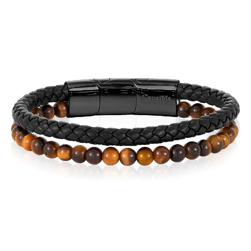 Stretch bead bracelets  Men's Natural Stone Bead Leather Cuff Bracelet - 8.25" with 0.5" Ext