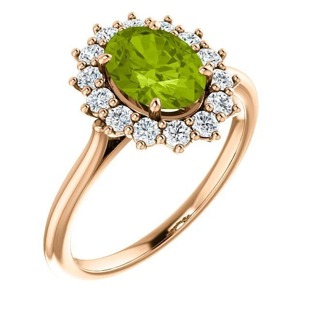 14KT GOLD PERIDOT & DIAMOND OVAL HALO RING