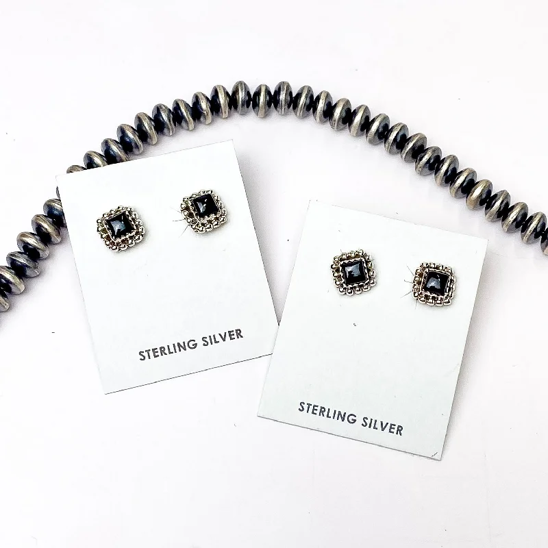 Black and gold earringsHada Collection | Handmade Sterling Silver Square Shaped Stud Earrings with Black Onyx Stones