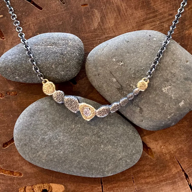 Minimalist chain necklaces  18K Gold Diamond and Textured Oxidized Sterling Silver Pebbles Bridge Necklace