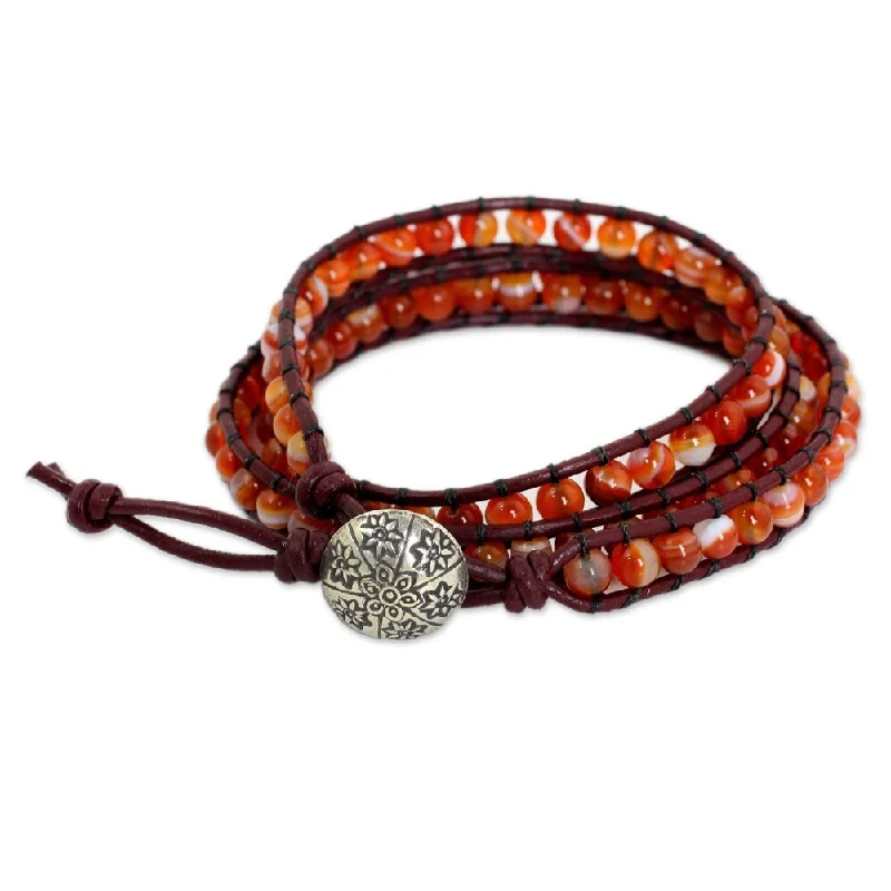 Gothic bracelets for women  Handmade Silver Leather 'Forest Flower' Carnelian Bracelet (Thailand)