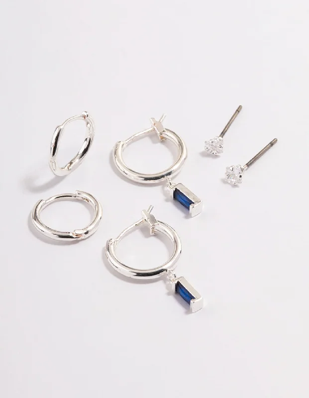 Simple stud earringsSilver Plated Brass  Cubic Zirconia Sapphire Cut Huggie Earrings 6-Pack