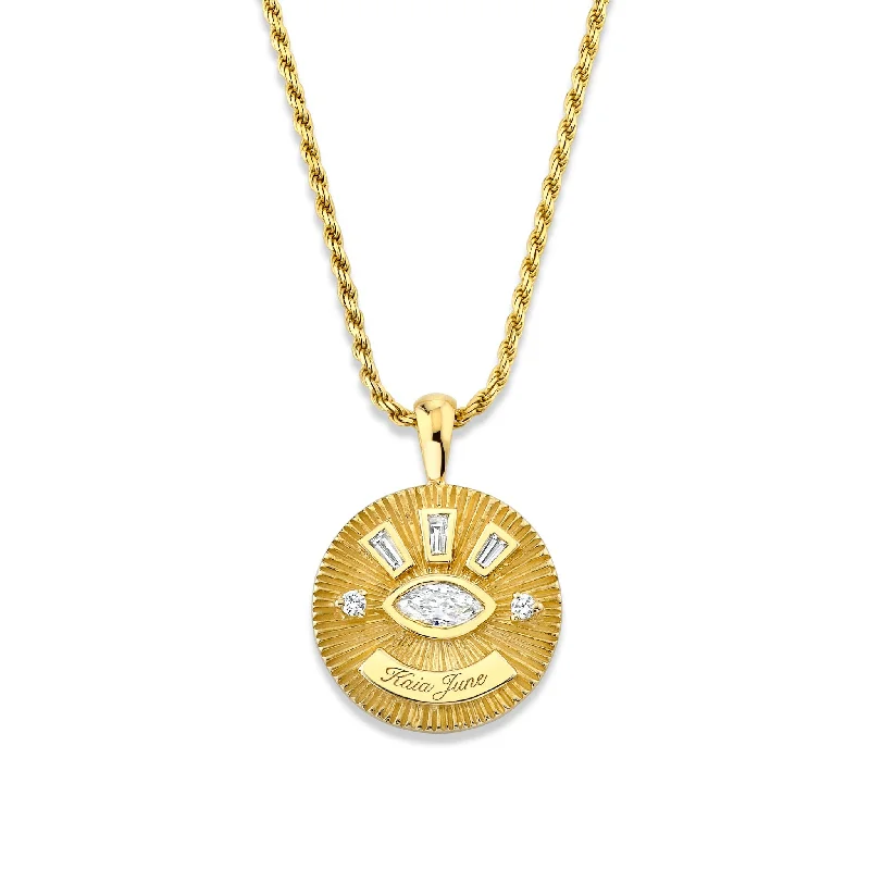 Black and gold necklaces  Medium Diamond Angel Eye Coin Necklace w/ Tapered Baguettes