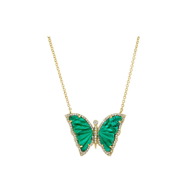 Engraved pendant necklaces  14K Yellow Gold, Diamond Pave & Malachite Butterfly Necklace