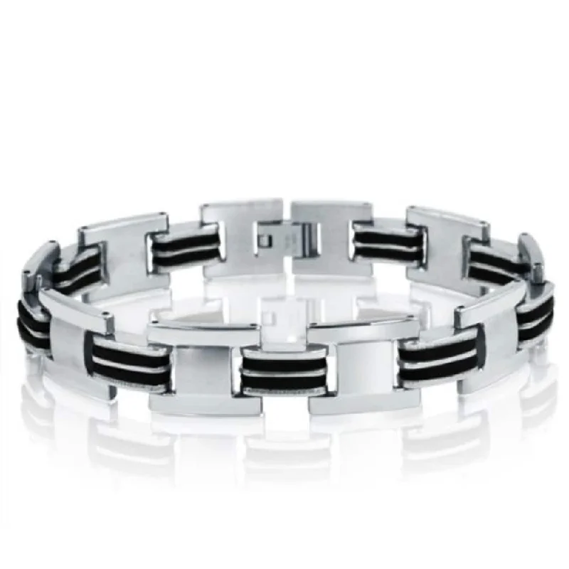 Dainty bracelets for women  Oxford Ivy Stainless Steel with Black Rubber Mens Chain Link Bracelet 8 1/2 inches