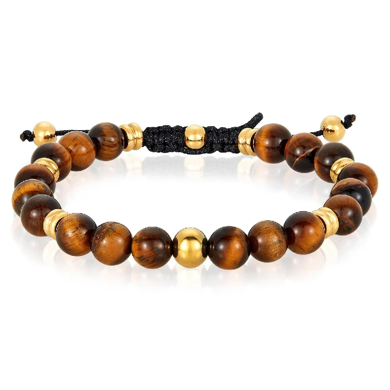 Nickel-free bracelets  Tiger's Eye Stone and Stainless Steel Beaded Adjustable Bracelet (8mm)