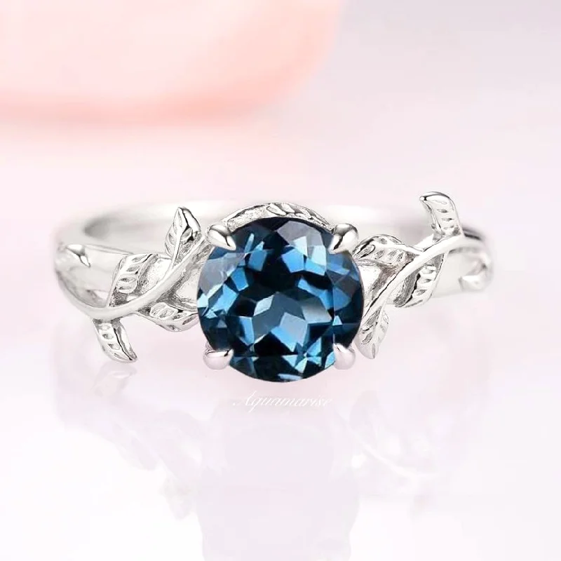 London Blue Topaz Leaf Ring- 14K White Gold