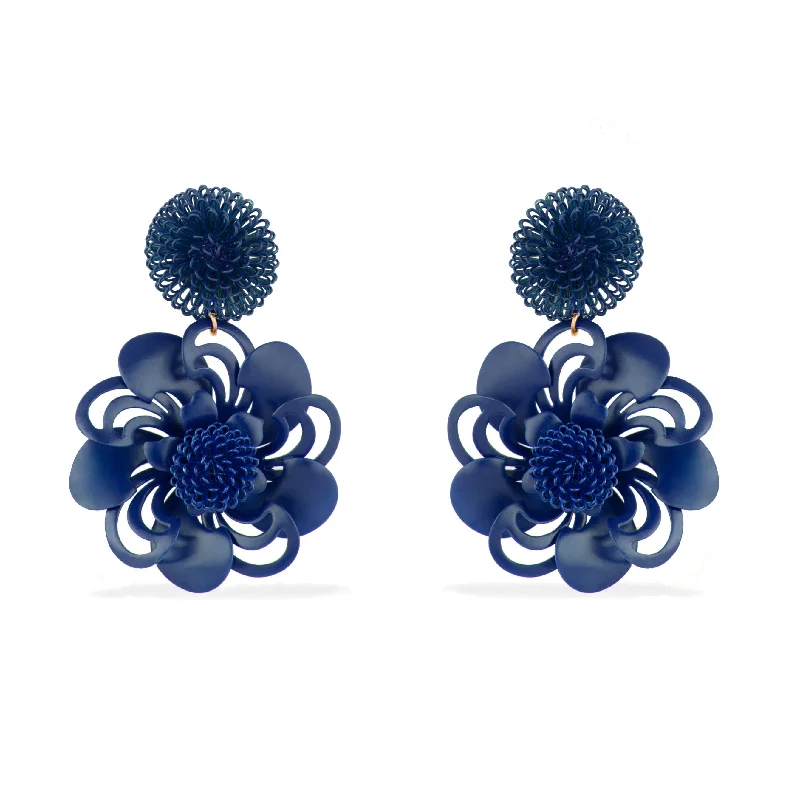 Silver and pearl earringsBlue Pompom Flower Earrings