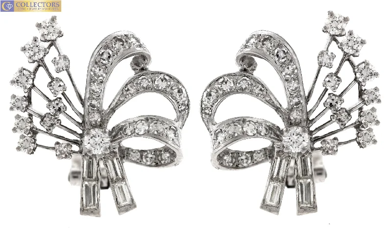 High-end diamond earringsLadies Vintage Estate Platinum 1.56ct Diamond Ribbon Bow Clip On Earrings