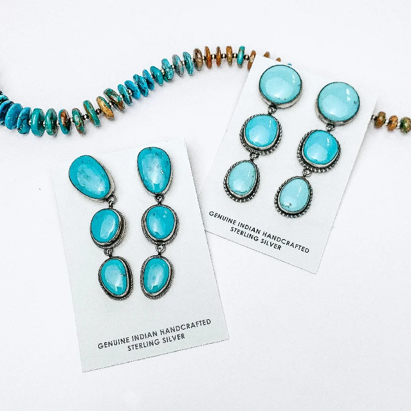 Leaf earringsSheryl Martinez | Navajo Handmade Sterling Silver Circle Drop Earrings with Three Kingman Turquoise Stones