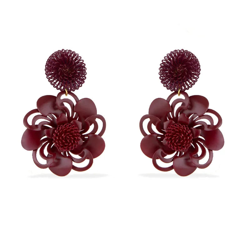 Platinum earringsBurgundy Pompom Flower Earrings