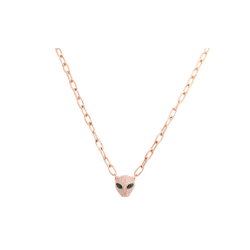 Sterling silver necklaces  14K Rose Gold Chain Link Diamond Pave and Emerald Panther Necklace