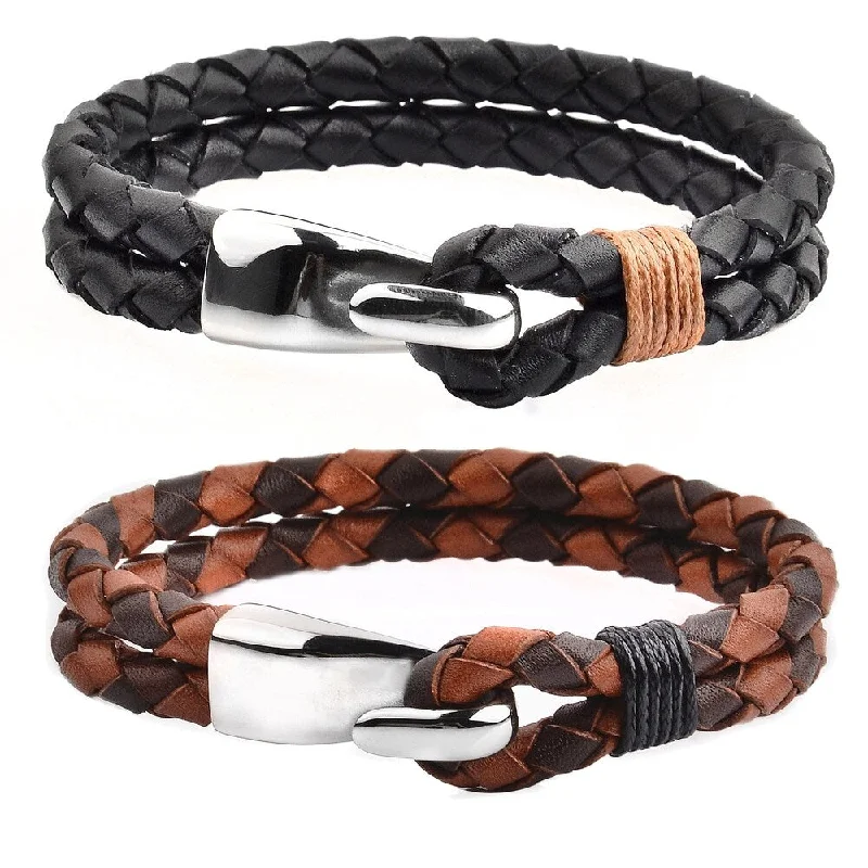 Bracelet sets for layering  Men's Stainless Steel Braided Leather Bracelet (11mm Wide)