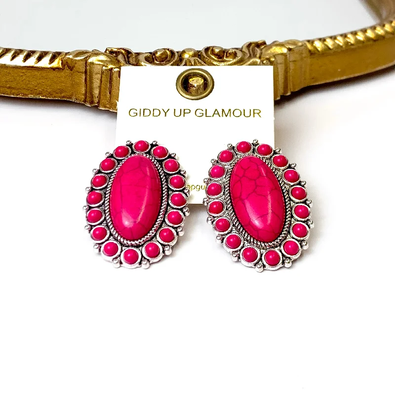 Boho tribal earringsSilver Tone Fuchsia Pink Oval Faux Stone Cluster Earrings