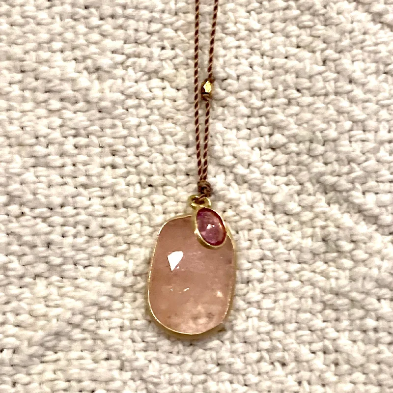 Black and gold necklaces  One of a Kind 14K Gold Framed Morganite with Tourmaline on Cord Necklace