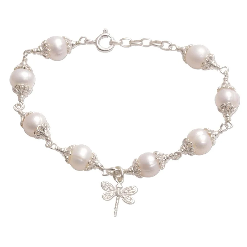 Sterling silver bracelets  NOVICA Handmade Sterling Silver Moonlight Dragonfly Cultured Pearl Bracelet (Indonesia) - White