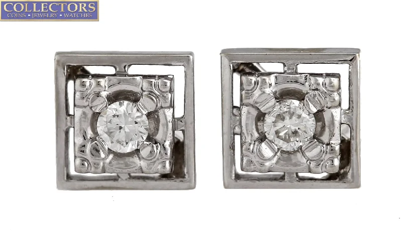 Bar earringsLadies Vintage Estate 14K White Gold 0.20ctw Diamond Square Stud Earrings