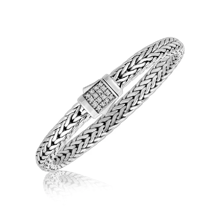 Extra long wrap bracelets  Sterling Silver Braided Style Men's Bracelet with White Sapphire Stones