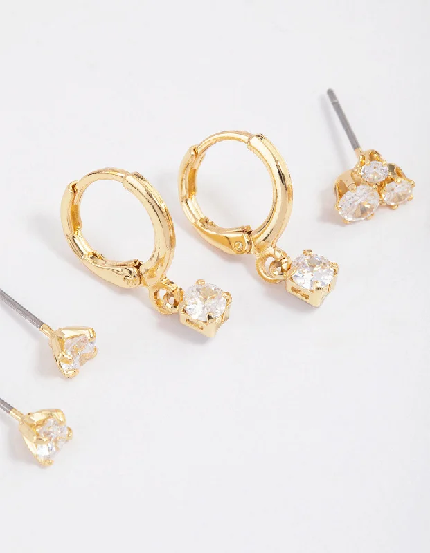 Wedding earringsGold Plated Brass Cubic Zirconia Trio Stud Earrings 6-Pack