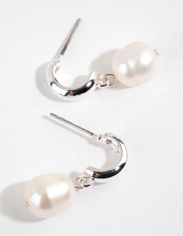 Nickel-free earringsSilver Plated Freshwater Pearl Drop Huggie Earrings