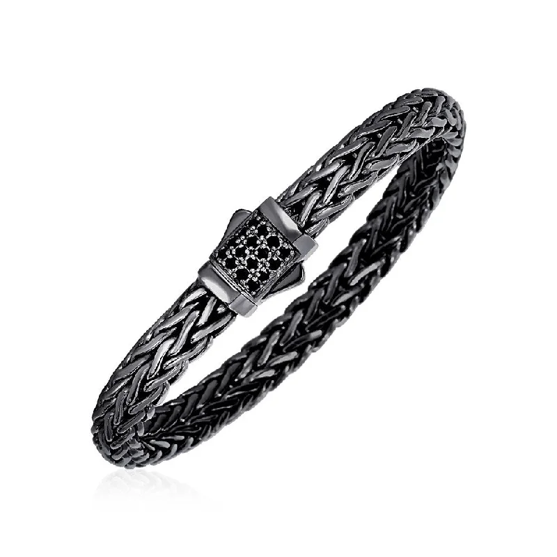 Boho tribal bracelets  Woven Rope Bracelet with Black Sapphire and Black Finish in Sterling Silver