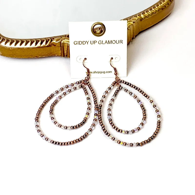 Budget-friendly earringsLayered Faux Navajo Pearl Beaded Teardrop Earrings with Clear Glass Spacers in Copper Tone