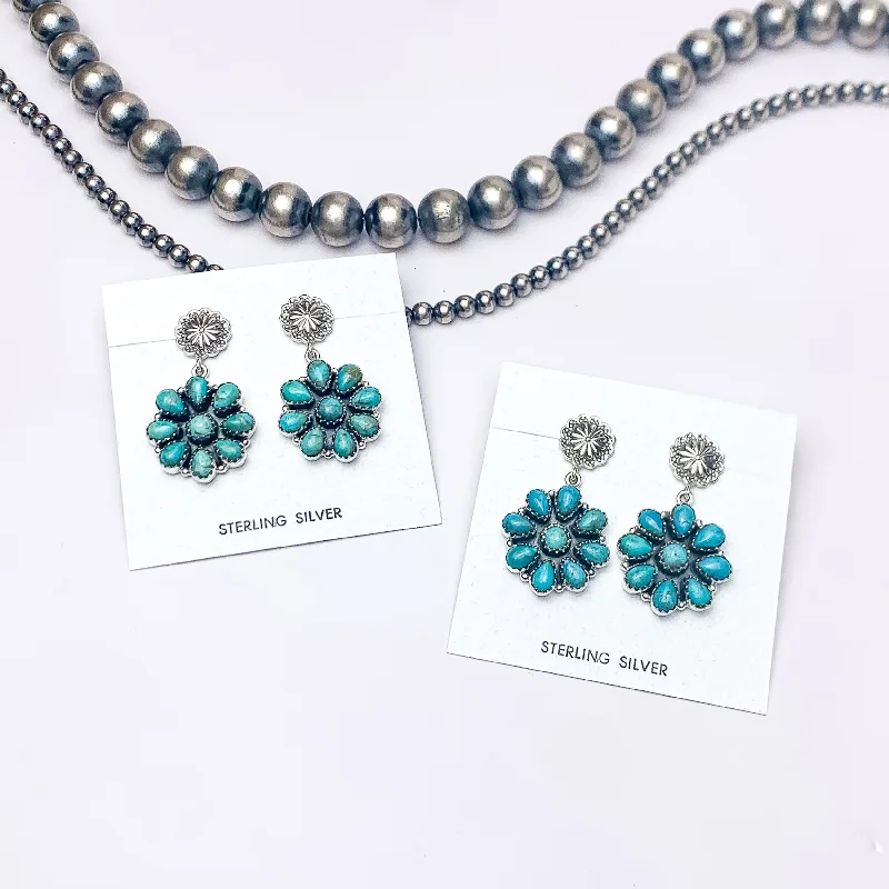 Birthday gift earringsHada Collection | Handmade Sterling Silver Circle Cluster Flower Stud Earrings with Kingman Turquoise Stones