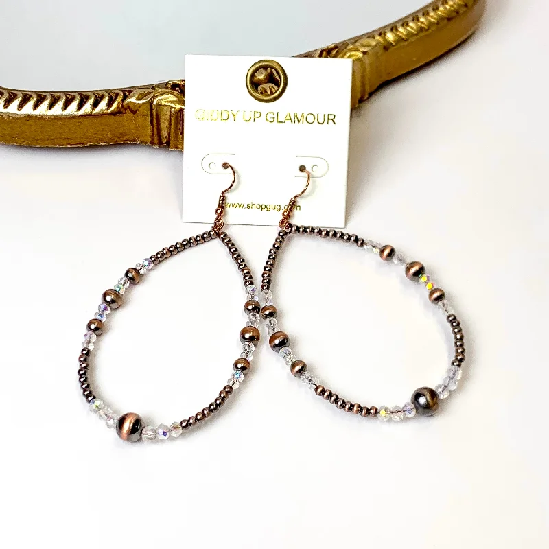 Mixed metal earringsFaux Navajo Pearl Beaded Teardrop Earrings with Clear Glass Spacers in Copper Tone