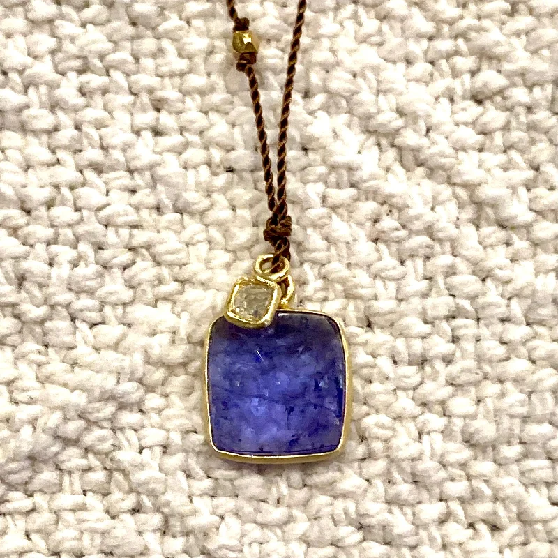 Thin wire necklaces  One of a Kind 14K Gold Framed Tanzanite with Diamond on Cord Necklace