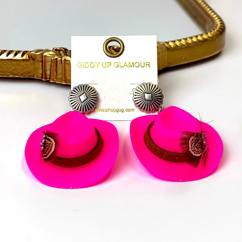 Earring sets for multiple piercingsFuchsia Pink Cowboy Hat and Feather Drop Earrings