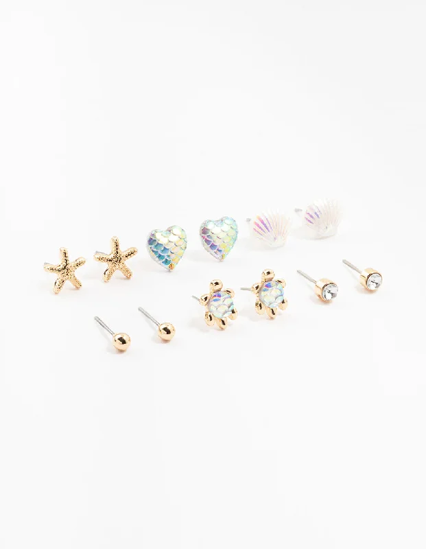 Everyday earringsKids Gold Sea Theme Stud Earrings 6-Pack