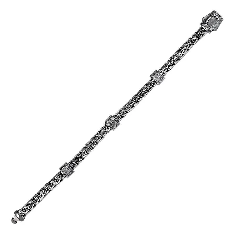 14k gold chain bracelets  Woven Bracelet with White Sapphire Accents and Black Finish in Sterling Silver