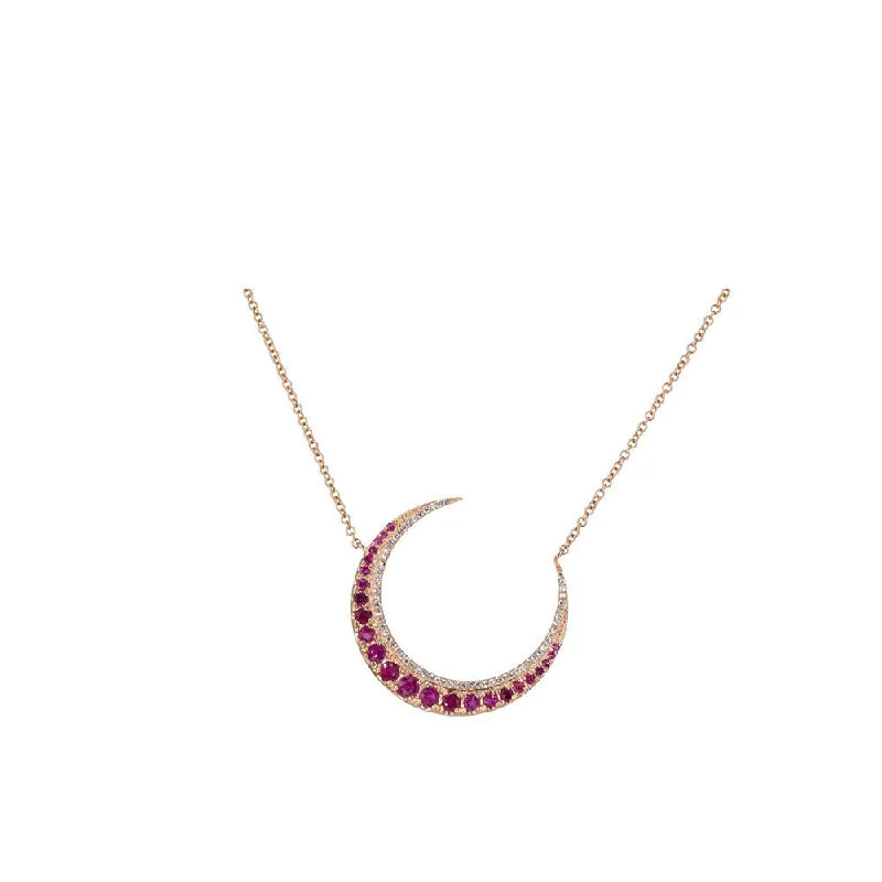 Elegant diamond drop necklaces  14KT Rose Gold Diamond Pave and Ruby Crescent Necklace